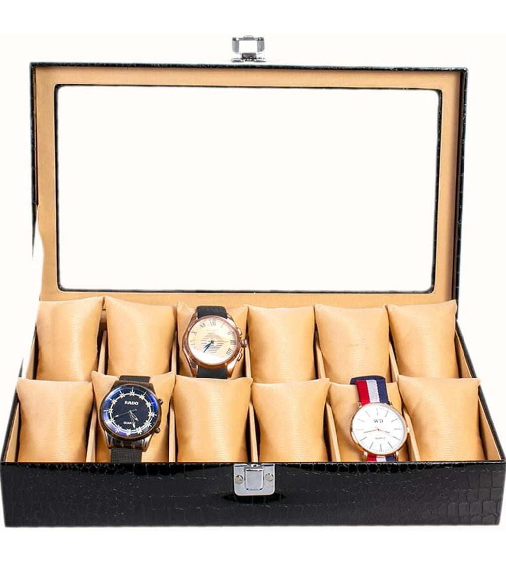 Watch Organizer 12 Slots Black Premium Faux Leather.