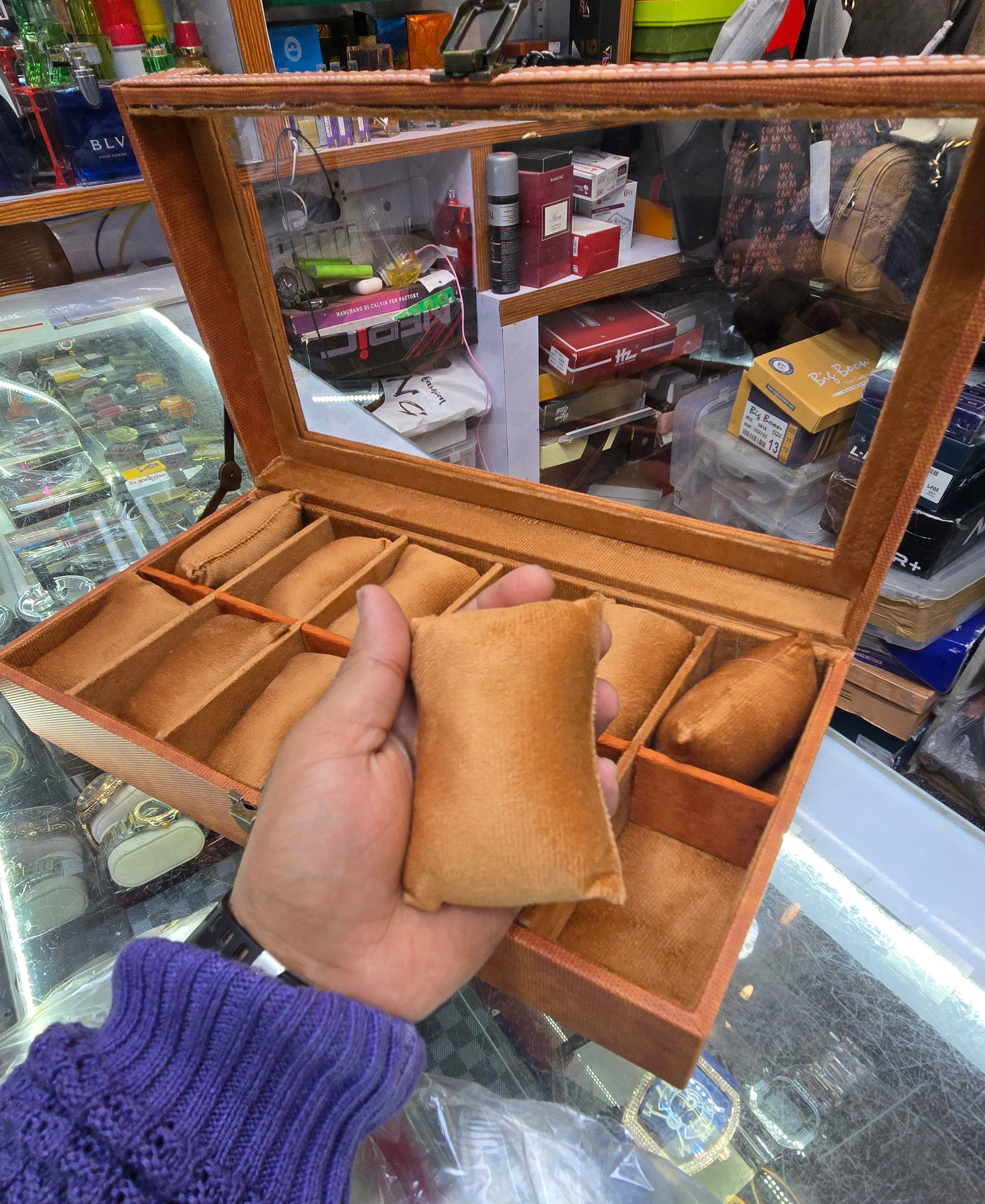 12-Slot Wooden Watch Organizer Box - Brown (Glass Top Pisplay)