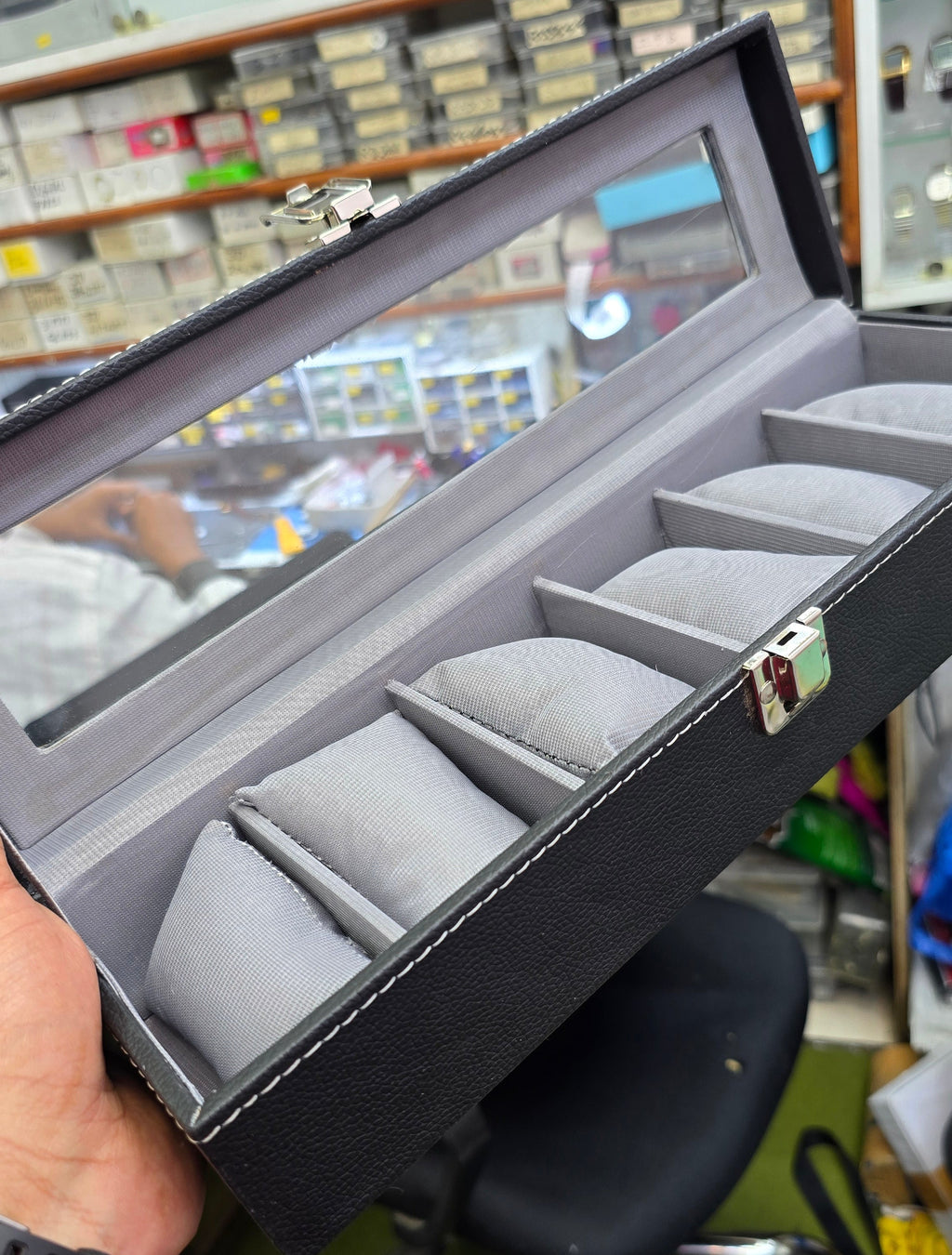 Watch Organizer 6 Slots Black Premium Faux Leather.