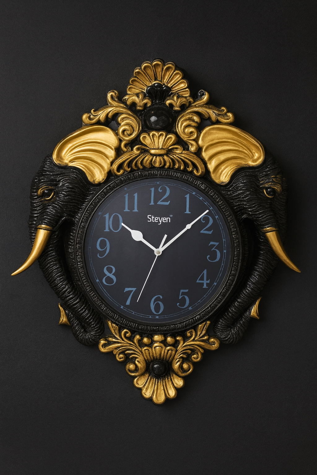 Regal Black & Gold Elephant Wall Clock