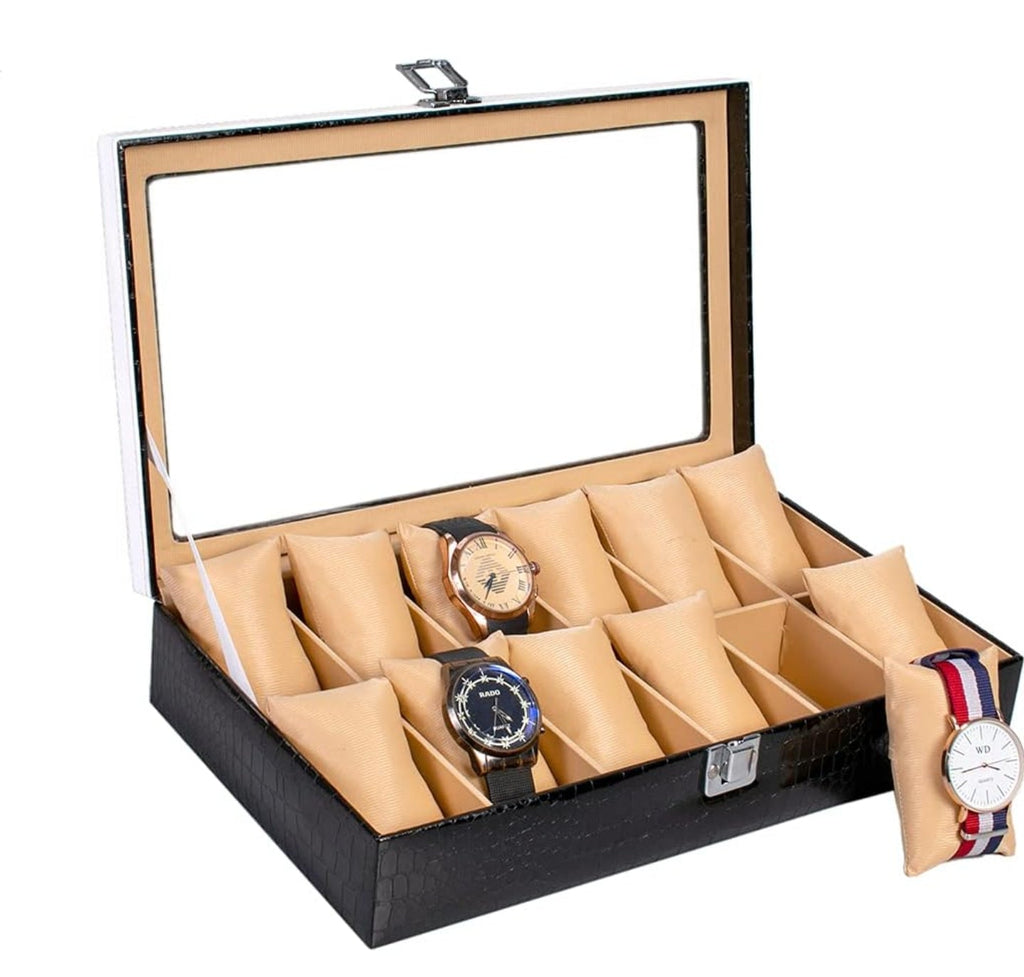 Watch Organizer 12 Slots Black Premium Faux Leather.