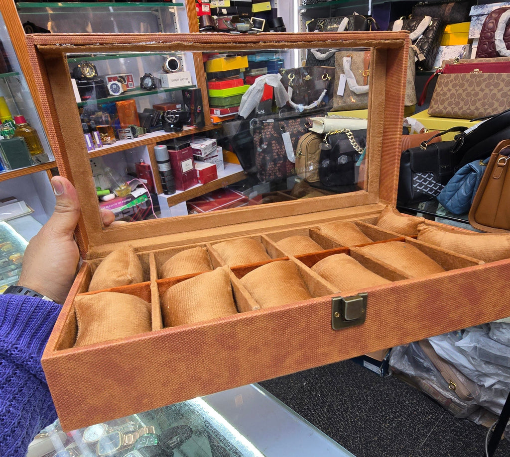 12-Slot Wooden Watch Organizer Box - Brown (Glass Top Pisplay)