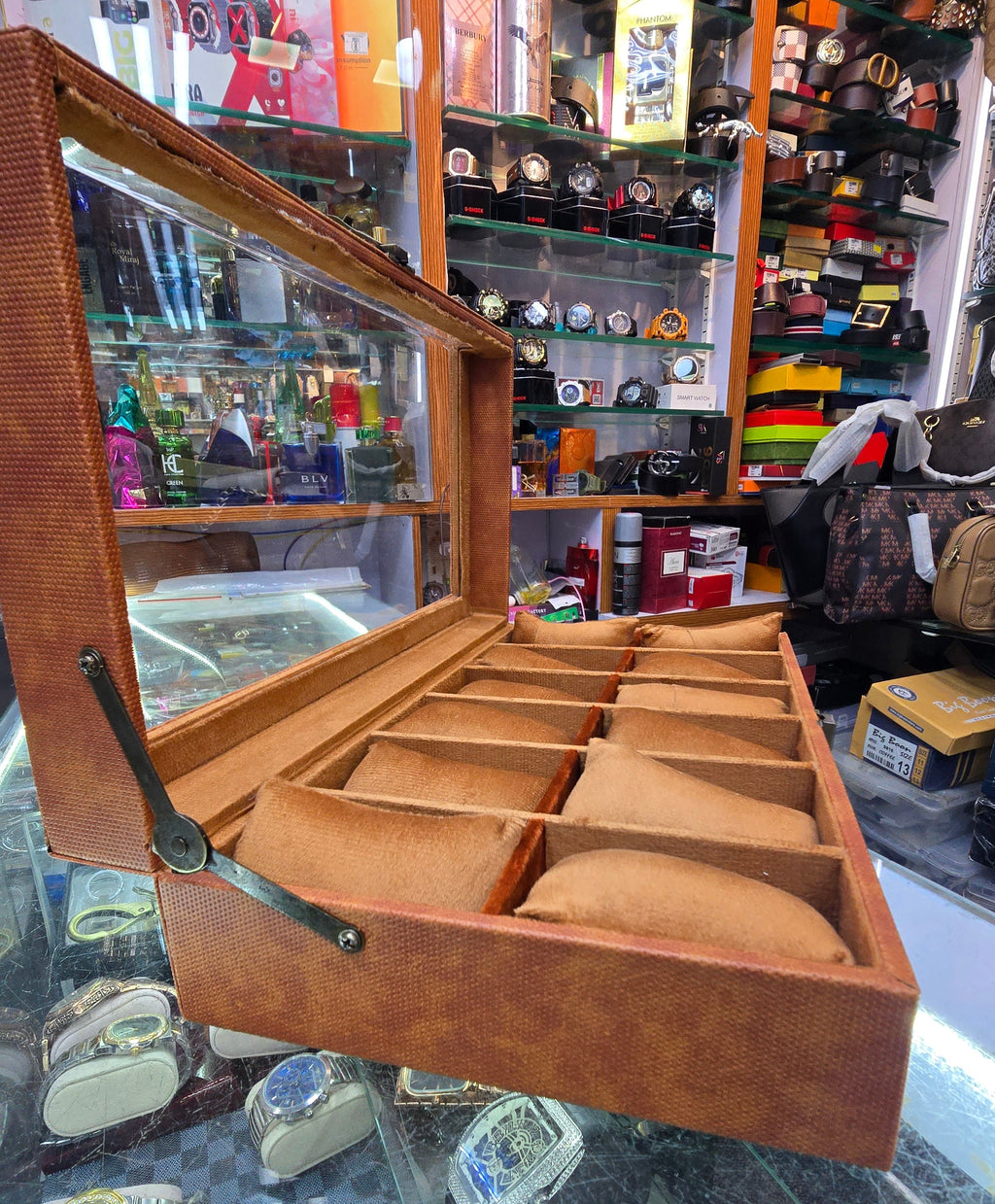 12-Slot Wooden Watch Organizer Box - Brown (Glass Top Pisplay)