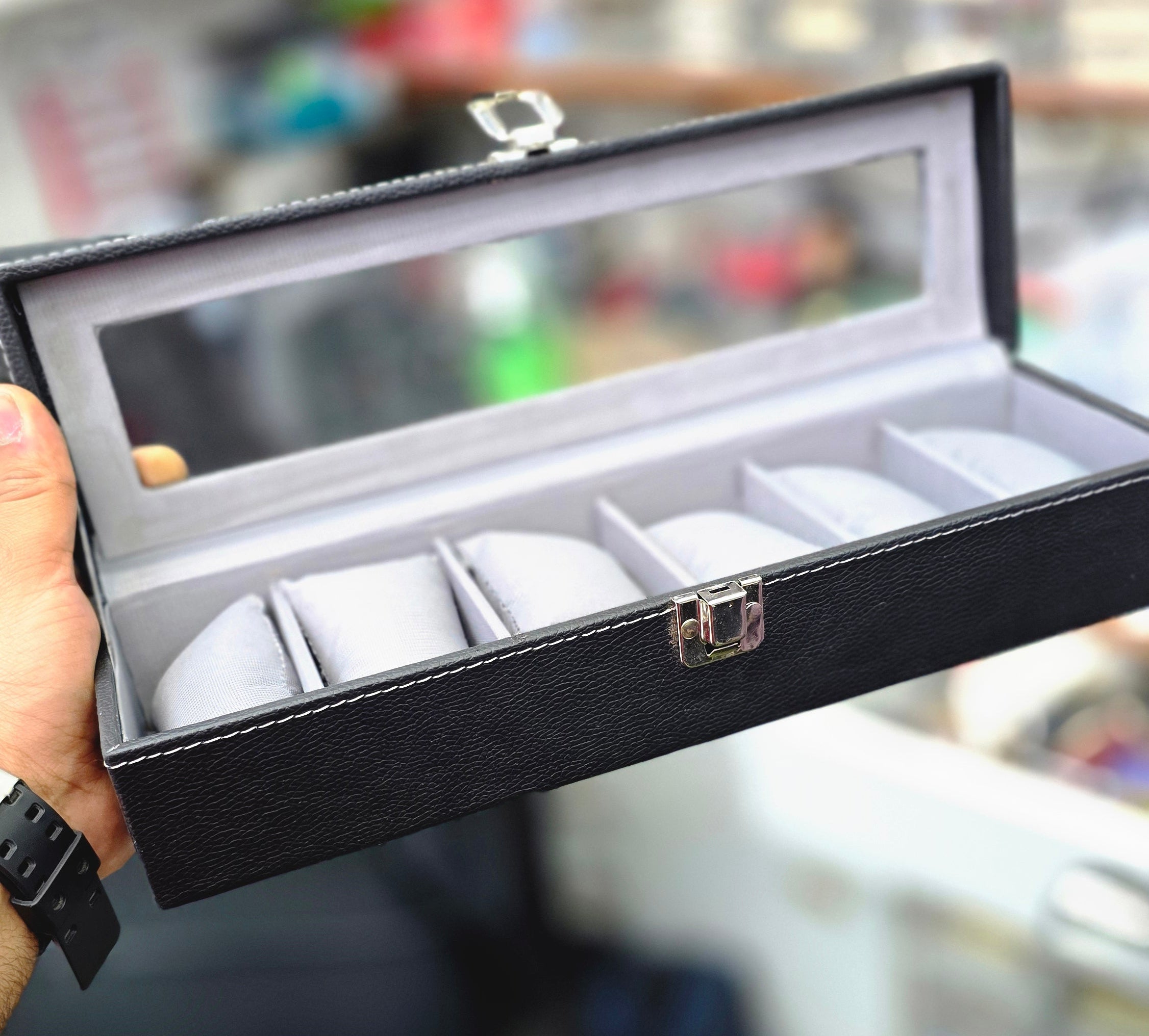 Watch Organizer 6 Slots Black Premium Faux Leather.