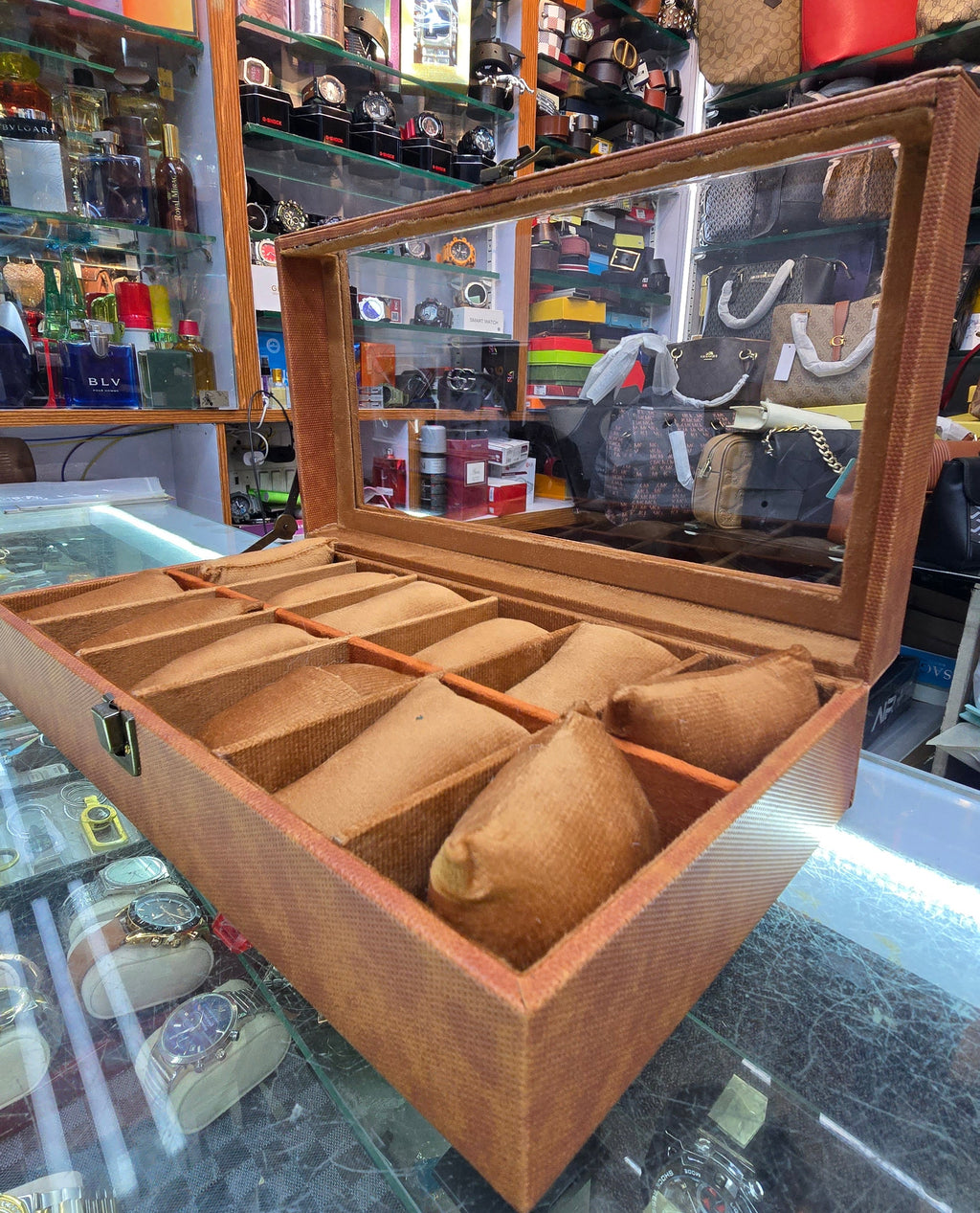 12-Slot Wooden Watch Organizer Box - Brown (Glass Top Pisplay)