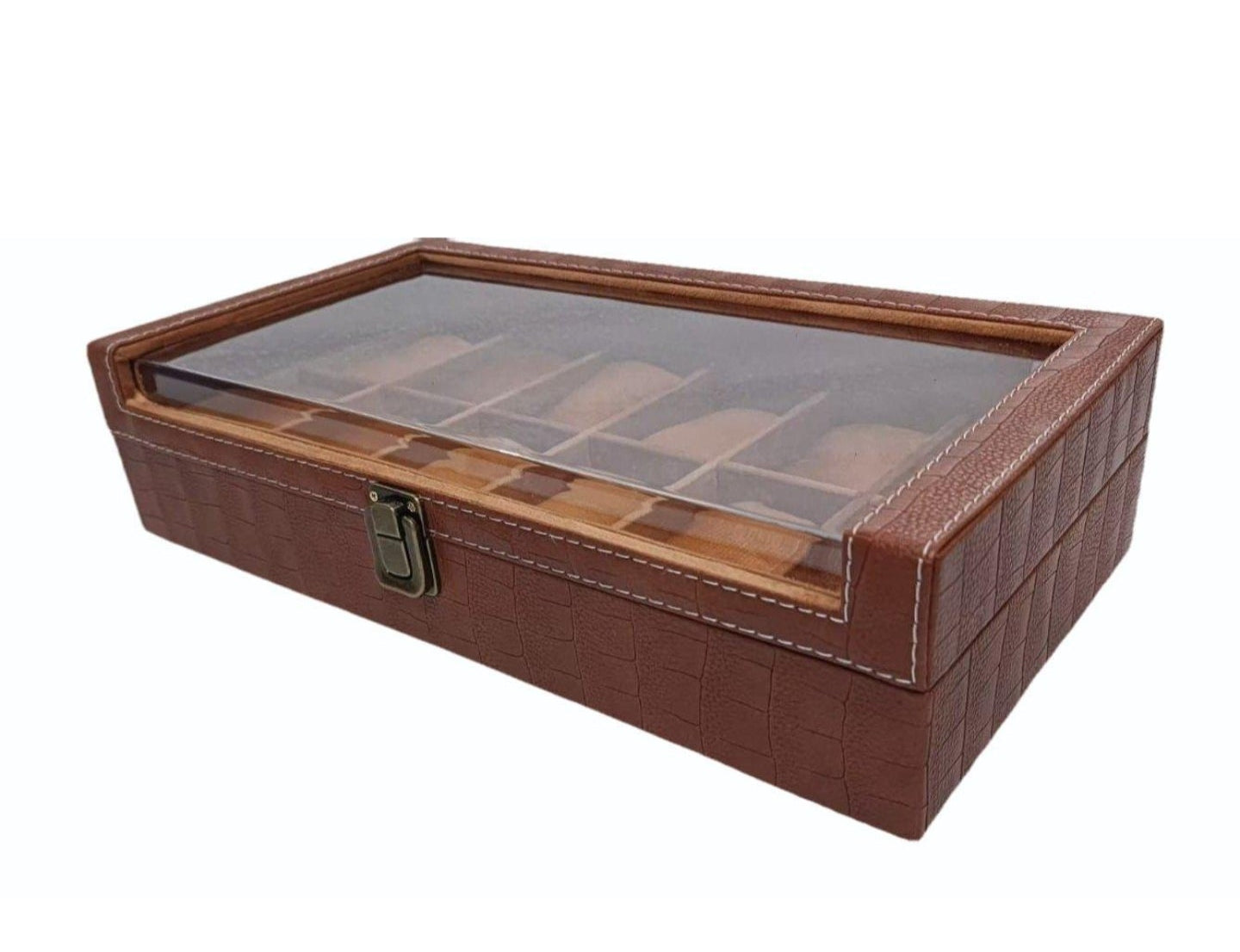 12-Slot Wooden Watch Organizer Box - Brown (Glass Top Pisplay)